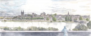 Dessin, Mehdi Zannad, Angers, projet de réhabilitation des rives de la Maine, 2013 - Graphite et aquarelle sur papier, 20 x 40 cm