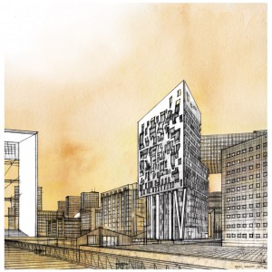 Dessin, Mehdi Zannad, Castle Light, La Défense pour Louis Paillard Architect - Graphite et aquarelle sur papier 40 x 40 cm